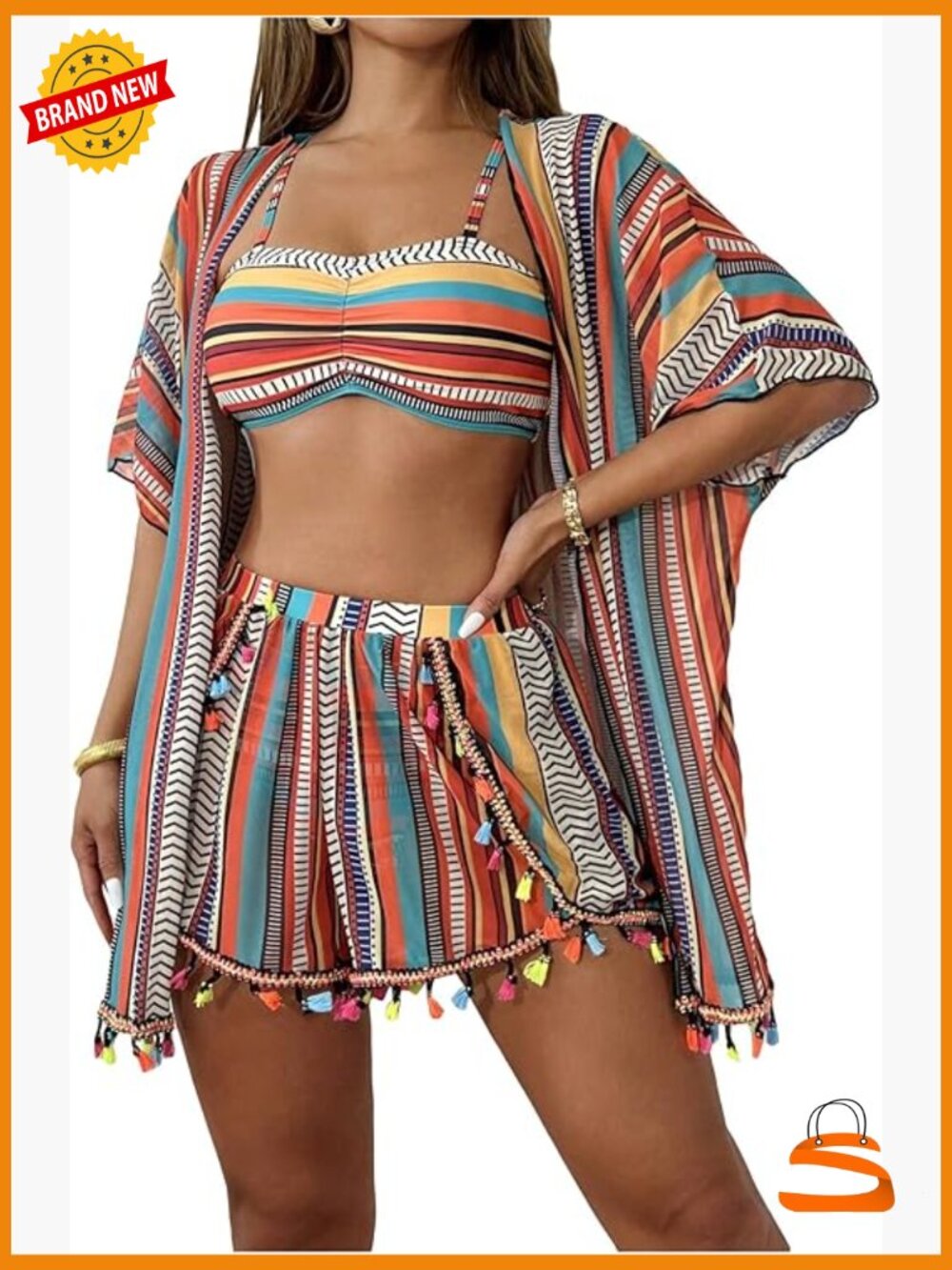 4 Piece Boho Striped Bandeau Bikini Set with Cover Up Kimono and Shorts